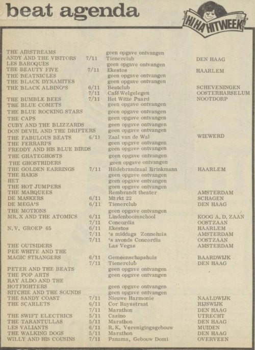 Hitweek magazine 1965-11-05 Golden Ear-rings Haarlem Hogenbijl Club November 07 1965 show announcement